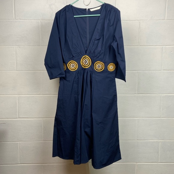 Wayward Fancies eShakti Women's Embellished Waist Plunge Poplin Dress Navy Boho - Picture 2 of 13